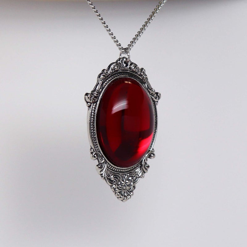 Real Metal Blood Red Cabochon in Silver Finish Pewter Frame Pendant Necklace - Image 4